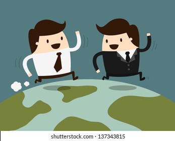 two businessman running together on globe