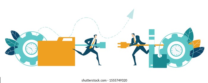 Two businessman running towards each other with electricity plug and socket to create more energy and profitability. Business concept illustration