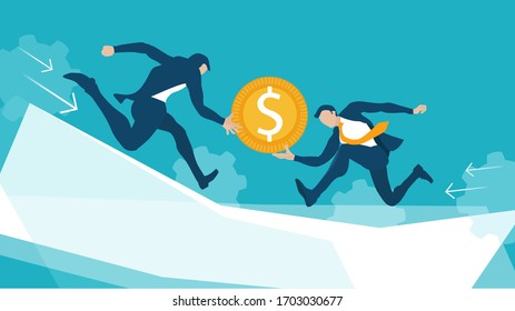 Two businessman running towards each other in hope to catch golden coin. Earning money, salary, investment growth and winning concept. 