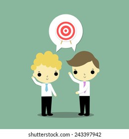 two businessman with same goal on green background, this is our goal.