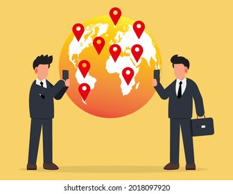 Two businessman searching location with mobile phone gps. Location, Online marketing