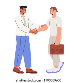 Two businessman settle contract with  handshake. New profitable project start up sponsored by investor. Busines concept of two male characters making a deal for banner, web landing page isolated. 