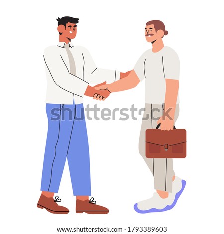 Two businessman settle contract with  handshake. New profitable project start up sponsored by investor. Busines concept of two male characters making a deal for banner, web landing page isolated. 