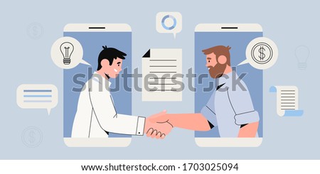 Two businessman settle contract with signing up contract and handshake. New profitable project start up sponsored by investor. Busines concept of two male characters in smartphone making deal.