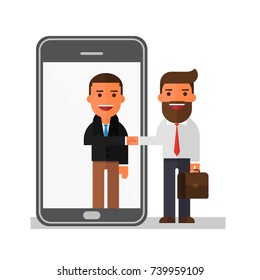 Two businessman shake hands on the smartphone screen
