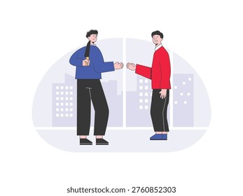 Two businessman shake hands, whilst one of them hide a knife behind his back, business betrayal. Character design. Vector flat illustration