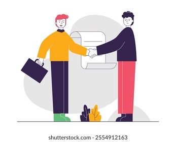 Two businessman shake hands, working partners agree on a project. Character design. Vector flat illustration
