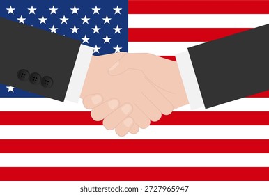 Zwei Geschäftsmann schüttelt Hand vor der Flagge der USA. Vektorgrafik.