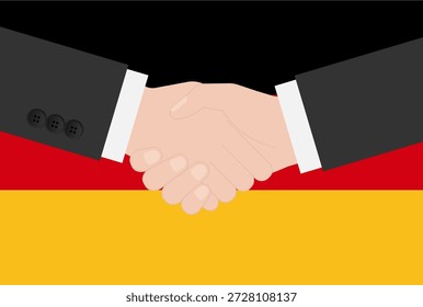 Zwei Geschäftsleute schütteln Hand vor der Flagge Deutschlands. Vektorgrafik.