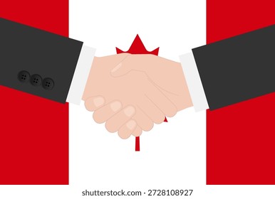 Zwei Geschäftsmann schüttelt Hand vor der Flagge von Kanada. Vektorgrafik.