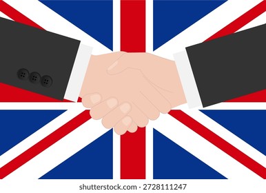 Dois homens de negócios apertando a mão na frente da bandeira do Reino Unido. Ilustração de vetor.