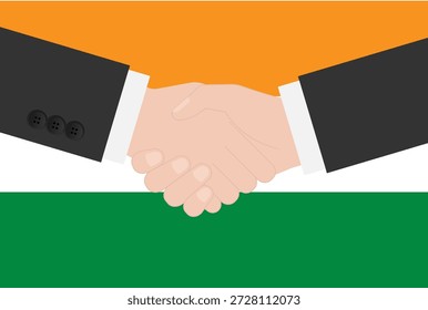 Zwei Geschäftsmann schüttelt Hand vor der Flagge Indiens. Vektorgrafik.