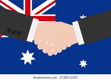 Zwei Geschäftsmann schüttelt Hand vor der Flagge von Australien. Vektorgrafik.