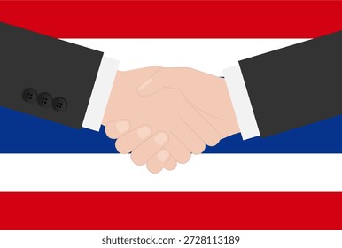 Zwei Geschäftsmann schüttelt Hand vor der Flagge von Thailand. Vektorgrafik.