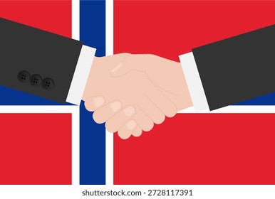 Dois empresários apertando a mão na frente da bandeira da Noruega. Ilustração de vetor.