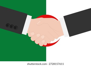 Dos hombres de negocios estrechando la mano frente a la bandera de Argelia. Ilustración vectorial.