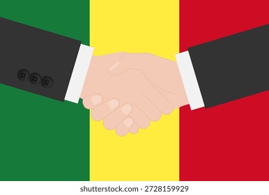 Zwei Geschäftsleute, die vor der senegalesischen Flagge die Hand schütteln. Vektorgrafik.