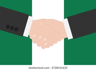 Two Businessman Shaking Hand in front of Flag of Nigeria. Vector Illustration.