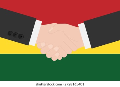 Two Businessman Shaking Hand in front of Flag of Ghana. Vector Illustration.