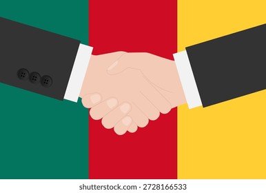 Zwei Geschäftsmann schüttelt Hand vor der Flagge Kameruns. Vektorgrafik.