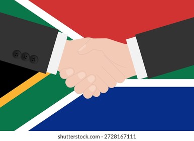 Zwei Geschäftsmann schüttelt Hand vor der Flagge von Südafrika. Vektorgrafik.