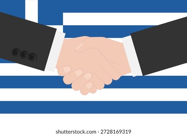 Two Businessman Shaking Hand in front of Flag of Greece. Vector Illustration.