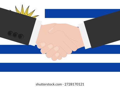 Dos empresarios estrechando la mano frente a la bandera de Uruguay. Ilustración vectorial.