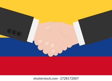 Zwei Geschäftsmann schüttelt Hand vor der Flagge von Kolumbien. Vektorgrafik.