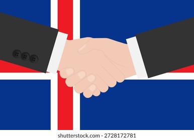 Dos hombres de negocios dándose la mano frente a la bandera de Islandia. Ilustración vectorial.