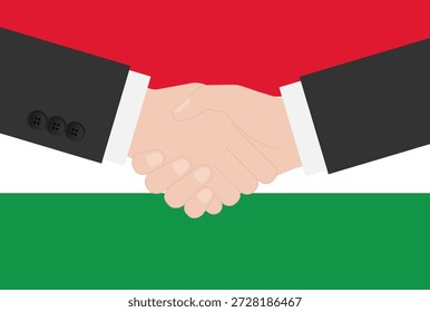 Zwei Geschäftsmann schüttelt die Hand vor der ungarischen Flagge. Vektorgrafik.