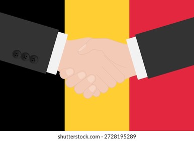 Zwei Geschäftsmann schüttelt Hand vor der Flagge von Belgien. Vektorgrafik.