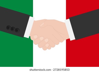 Zwei Geschäftsmann schüttelt Hand vor der Flagge von Italien. Vektorgrafik.