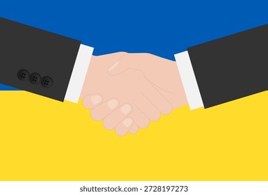 Zwei Geschäftsmann schüttelt Hand vor der Flagge der Ukraine. Vektorgrafik.