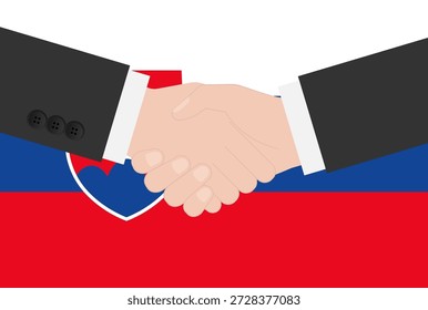 Zwei Geschäftsmann schüttelt Hand vor der Flagge der Slowakei. Vektorgrafik.