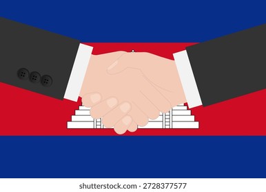 Zwei Geschäftsmann schüttelt Hand vor der Flagge der Schweiz. Vektorgrafik.
