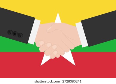 Zwei Geschäftsmann schüttelt Hand vor der Flagge der Schweiz. Vektorgrafik.
