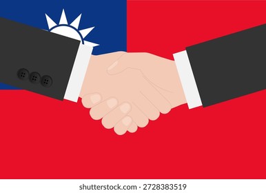Zwei Geschäftsmann schüttelt Hand vor der Flagge von Taiwan. Vektorgrafik.