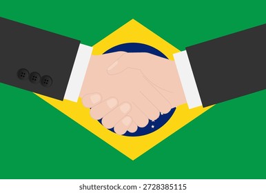 Zwei Geschäftsmann schüttelt Hand vor der Flagge Brasiliens. Vektorgrafik.