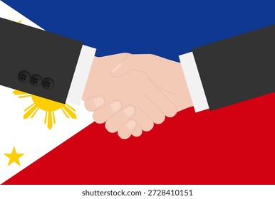 Dos hombres de negocios estrechando la mano frente a la bandera de Filipinas. Ilustración vectorial.