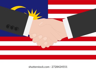 Two Businessman Shaking Hand in front of Flag of Malaysia. Vector Illustration.