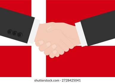 Dois empresários apertando a mão na frente da bandeira da Dinamarca. Ilustração de vetor.