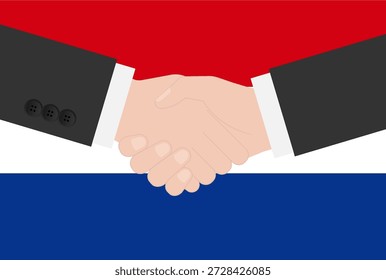 Two Businessman Shaking Hand in front of Flag of Netherlands. Vector Illustration.