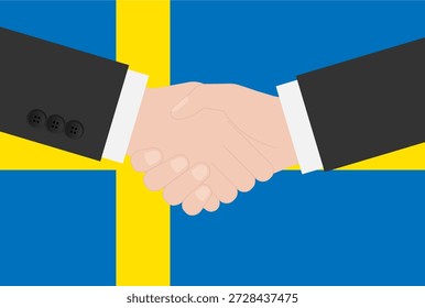 Dois empresários apertando a mão na frente da bandeira da Suécia. Ilustração de vetor.