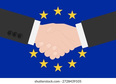 Dos hombres de negocios estrechando la mano frente a la bandera de la Unión Europea. Ilustración vectorial.