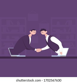 Dos empresarios dándose la mano.  de portátiles. Dibujo vectorial de caricatura en color Para comunicación en línea y reunión de trabajo virtual. Concepto de videoconferencia.