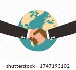 Two businessman shaking hands on green world icon and white background. Business handshake for partner deal concept. agreement for our world. better world. Vector illustration