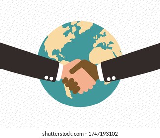 Two businessman shaking hands on green world icon and white background. Business handshake for partner deal concept. agreement for our world. better world. Vector illustration