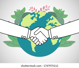 Two businessman shaking hands on green world icon. Business handshake for partner deal concept. agreement for our world. better world. earth day concept. Vector illustration
