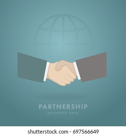 Two businessman shaking hands on green background and global icon.Business handshake for partner deal concept.