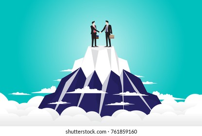 Two businessman shaking hands on top of mountain, Handshake businessman agreement. Vector illustration flat style
